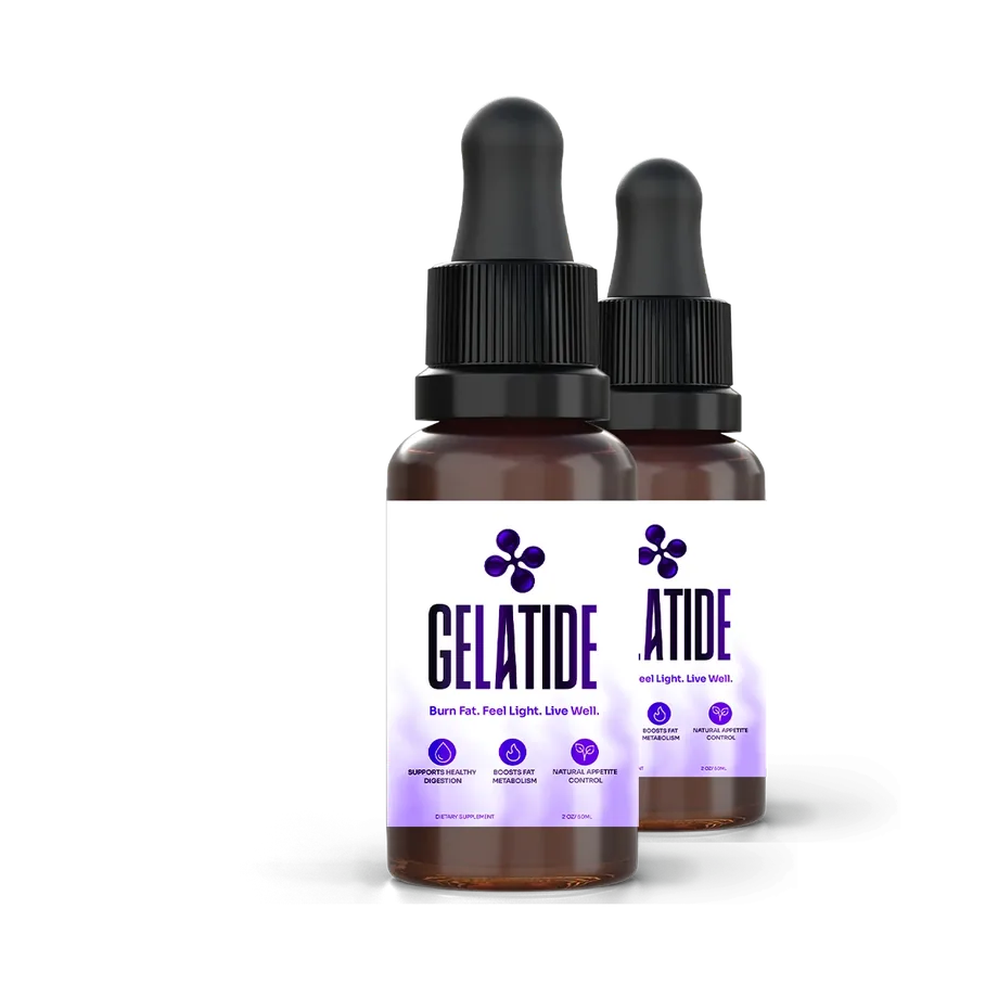 A single Gelatide dropper bottle, front label showing the three support lines and 2 fl oz