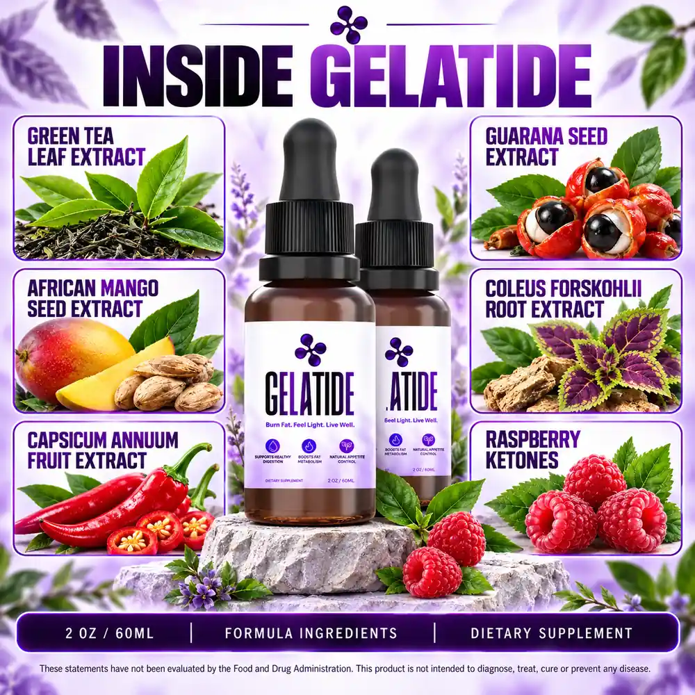 The seller's Inside Gelatide panel, naming six botanical extracts around two dropper bottles