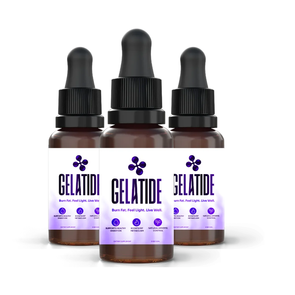 Three Gelatide dropper bottles photographed on a dark ground, front labels upright