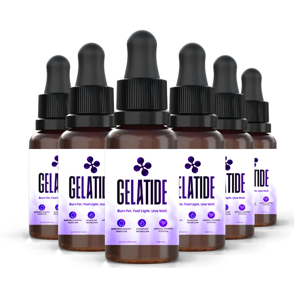 Six Gelatide dropper bottles photographed on a dark ground with the front labels readable